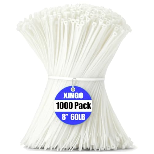 XINGO 1000 pièces Colliers de Serrage professionnelles, Blanc-200mm x 4.8mm, Autobloquant, Attache Câble Résistant aux UV, Idéale pour l'intérieur et...