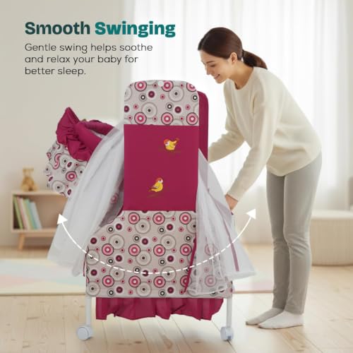 Image of BAYBEE Baby Cradle and Swing for Newborn Babies with Mosquito Net, Portable Jhula with 360 Wheel Lock, Sleeping Swing Bassinet, Uyyala Palna for 0-12 Months Boys & Girls (Purple)