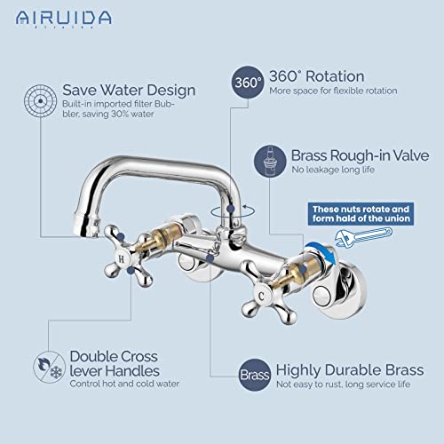 Airuida Wall Mounted Kitchen Faucet Chrome Polish 6 Inch(15Cm) Spout Reach 6 Inch Center Adjustable Center Double Cross Handles Mixer Tap 360 Rotatable Commercial Utility Laundry Restaurant Faucet #TOP6