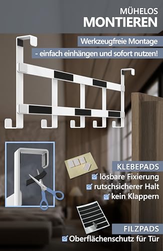 4smile Türgarderobe zum Einhängen – Weisse Türhaken universell verwendbar, flexible Kleiderhaken Tür, robust - Vielseitige Haken zum Einhängen, platzsparende Türhakenleiste für gesamte Wohnung