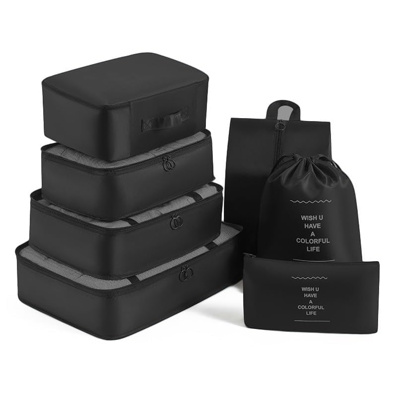 Image of 7 Pcs Foldable Luggage and Laundry Bag Pouch Waterproof Travel Toiletry Organizer Garment Storage Bag Portable Packing Cubes Storage Bag (BLACK)