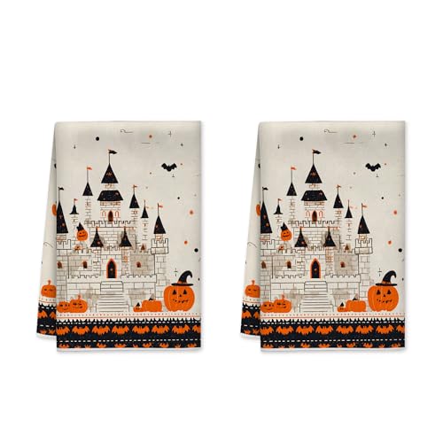 Juego de 2 toallas de cocina con patrón de castillo, diseño de calabaza de temporada, ilustraciones de murciélago, naranja, paños de cocina reutilizables para secar platos, decoración de cabina de