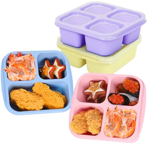 Bento Box For Kids, 4 Pack Reusable Lunch Snack Containers for Kids with 3 & 4 Compartments, Wheat Straw Meal Prep Lunch Box, Stackable Adult Lunchable Containers for Work, School and Travel, BPA Free