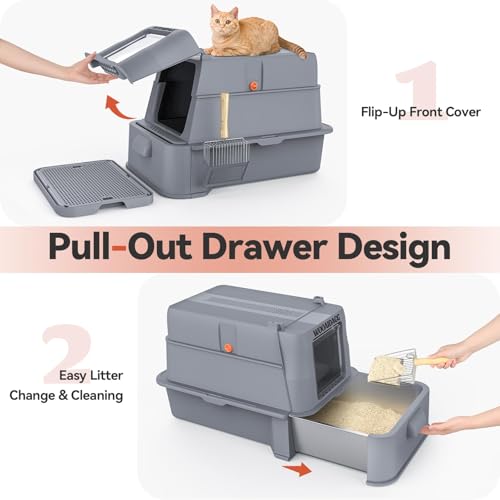 Image of Wooaidagg Enclosed Stainless Steel Cat Litter Box with Odor Control, Modular Design with Drawer and Flip Door, Easy to Clean and Wash,Non-Stick Interior,Extra Large Size Fits All Cats(Dark Grey)