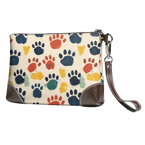 Portefeuille portable en cuir avec dragonne et motif pattes de chien pour femme