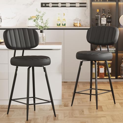 Ckaff Lot de 2 Tabouret de Bar Pivotants 360°, Tabouret de Cuisine en Cuir PU, Chaise de Bar Hauteur 66cm, Tabourets de Comptoir avec Repose-Pieds et Dossier...