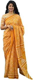 Kiaaron Women's Ikat Hand Block Print Jaipuri Cotton Mulmul Saree with Blouse Piece