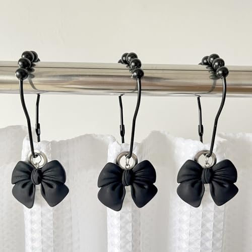 Black Bow Knot Shower Curtain Hooks, 12PCS Rust Proof Shower Curtain Rings for Bathroom, Metal Decorative Shower Curtain Hangers Bathroom Accessories