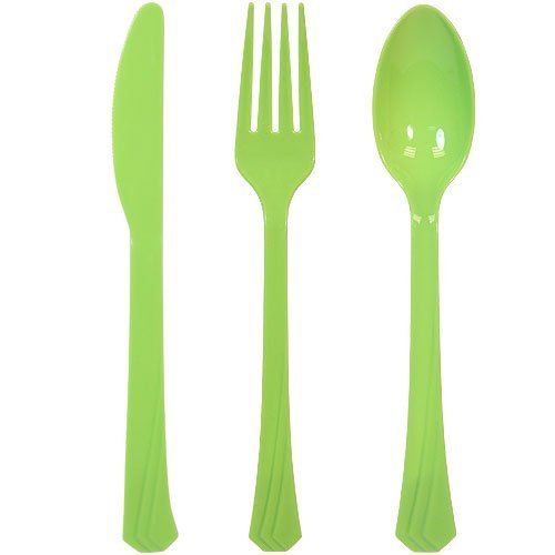 Tiger Chef 72-Pack Plastic Cutlery Set Heavy Duty Colored Plastic Silverware Set includes 24 Forks, 24 Teaspoons, and 24 Knives in Lime Green, Island Blue and Pearl…