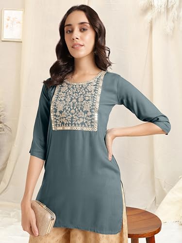 Image of MIRCHI FASHION Women's Straight Fit Rayon Sequins Embroidered and Polka Dots Printed Kurti Only