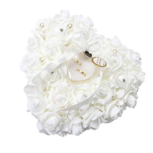 GOTOTOP Chic Coussin Boîte à Bague Anneau de Mariage Porte Alliance Rose Forme Coeur Couleur Blanc Laiteux Accessoires de Mariage