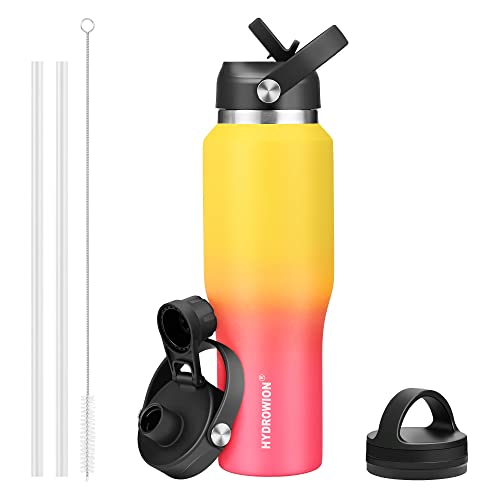 Image of HYDROWION 32oz Stainless Steel Water Bottle(Cold for 48 Hrs, Hot for 24 Hrs),Double Wall Vacuum Insulated Water Bottle with Straw Lid, Spout Lid and Flex Cap, Fit in Any Car Cup Holder,Yellow