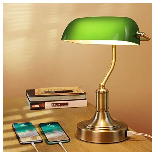 Mlambert Green Glass Banker’s Lamp with 2 Fast USB Charging Ports, 3 Way Dimmable Desk Lamp, Touch Control Vintage Table Lamp for Workplaces, Library, Bedroom, Piano Style Lamp