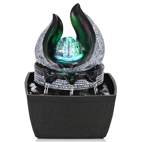 Tabletop Water Fountains Indoor, 3 Gears Desktop Fountain with Led Rolling Ball, Table Top Small Water Feature Interior Zen Relaxation Decor for Home Bedroom Living Room Office Apartment