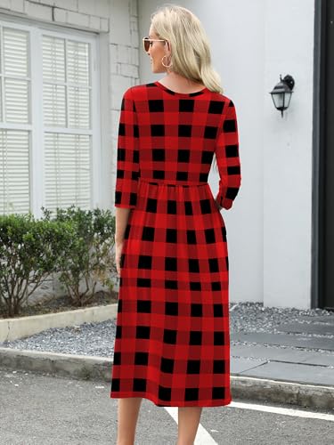 Image of Heymoments Women's Casual 3 /4 Sleeve Midi Dress Crewneck A Line Tiered Flowy Loose Travel Long Dresses with Pockets
