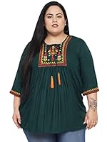 Indietoga Women's Green Rayon Embroidered Regular Fit Top (Plus Size 6XL)