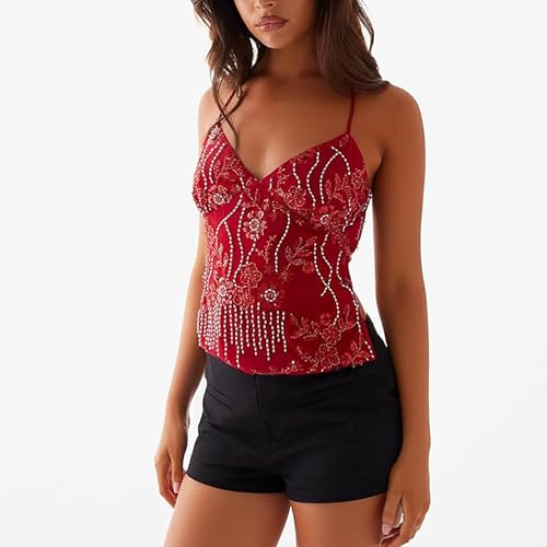 Women Summer Sequin Halter Top Open Back Embellished Tank Top Sleeveless Backless V Neck Camisole Going Out Crop Top3