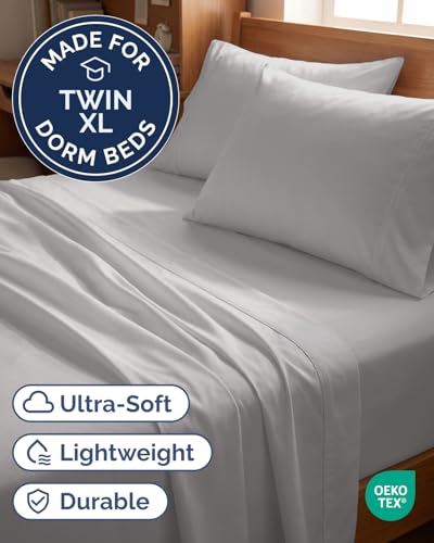 Image of Twin XL 4 Piece Sheet Set - College Dorm Room Essentials - French Grey | Ultra Soft Dorm Bedding Set, 8 inch to 16 inch Inch Deep Pockets, 1 Flat & 1 Fitted Sheet & 2 Pillowcases, Wrinkle & Fade Free