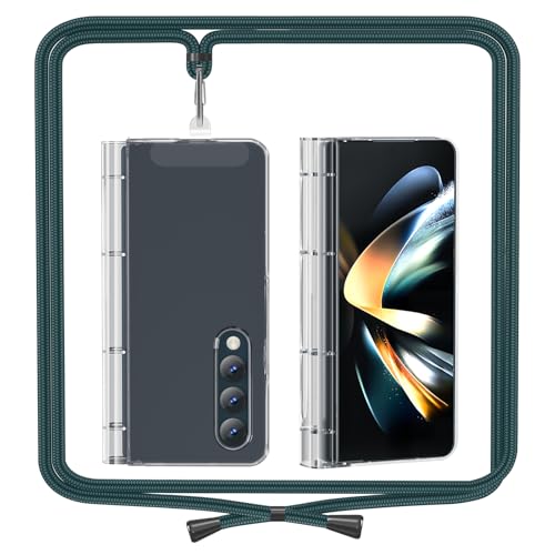 Cover Cordino Compatibile con Samsung Galaxy Z Fold 4 Custodia Cerniera Coperto Collana Trasparente PC Antiurto Lanyard Case verde