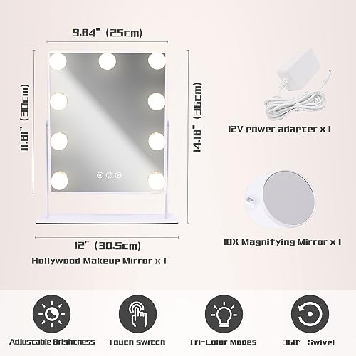 COOLJEEN Lighted Makeup Mirror with 9 LED Bulbs and 10X Magnification, Hollywood Style with 3 Color Options, 360° Rotation