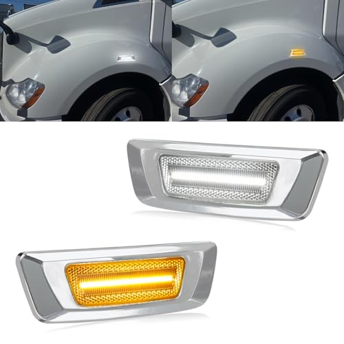 HERCOO Side Marker Turn Signal Lights LED Position light Compatible with Kenworth T680 T700 T880 Peterbilt 567, Chrome Lens Front Fender Sidemarker Turn Signals Lamp Assembly