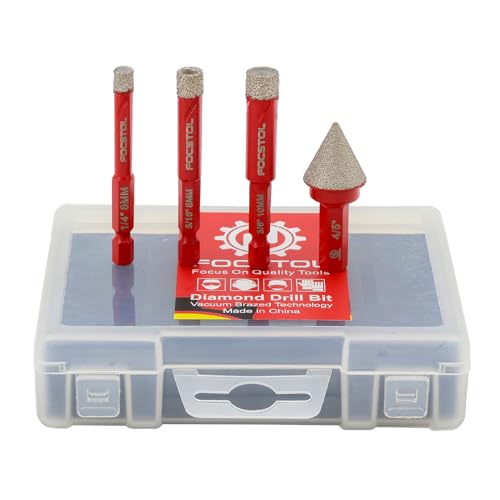 FOCSTOL Juego de Brocas Diamante - 4 piezas 6/8/10mm Fresa Diamante+20mm Brocas Chaflán Biselado con Mango Hexagonal para Porcelanico Cerámica Mármol Granito