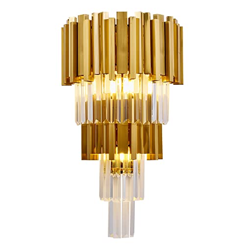 WABON Modern Crystal Wall Sconce Lighting 3-Light Gold Wall Sconce Crystal Hallway Wall lamp for Living Room Matte Gold WABON Modern Crystal Wall Sconce Lighting 3-Light Gold Wall Sconce Crystal Hallway Wall lamp for Living Room Matte Gold