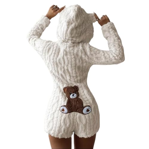 Women's Cute Teddy Bear Embroidered Hooded Fleece Playsuit, Warm Fuzzy Zipper Bear Sleepwear Playsuits (White,Small)