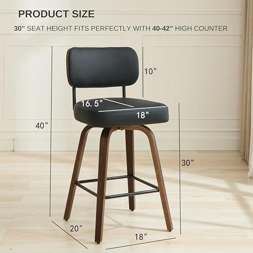 Image of Swivel Bar Stools Set of 4, 30 inch Upholstered Bar Height Stools with Back and Walnut Wood Legs, Faux Leather Barstools for Kitchen Counter, Black