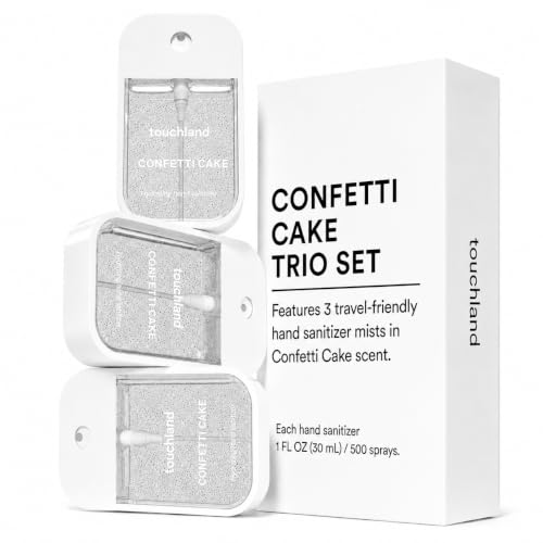 Image of Touchland Confetti Cake Hydrating Hand Sanitizer Spray, 3 Pack Travel Size | TSA ready Power Mist with skincare benefits. Sugary and joyful scent, pairs well with a Frosted case bag charm.