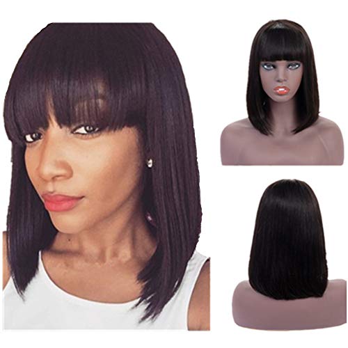 Loviness Human Hair Bob Wigs with Bangs Short Remy Straight Hair For Black Women Glueless 180% Density Lace Front Wigs 13X4 Frontal Pre-Plucked 1B Natural Black 12 inches