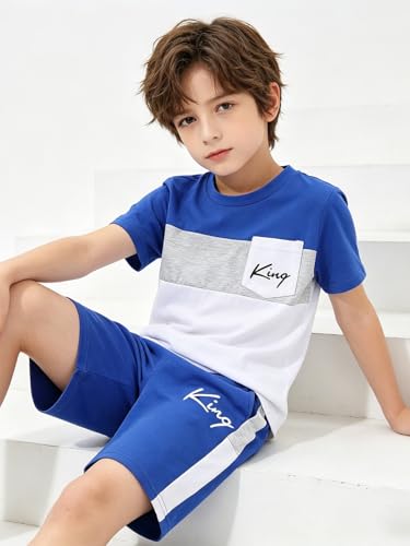 Image of Size 6-12 Years Boys Summer Outfits Set Kids Short Sleeve Top T-Shirt & Shorts Color Block Clothing Sets
