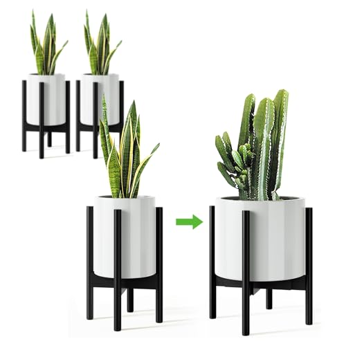 MUDEELA Plant Stand for Indoor Plants: Adjustable Width Fits 8-12 Inch Pots - Mid-century Modern Bamboo Plant Stand - 14.5 Inch Single Tier Small Floor Plant Holder, Black, 2 Pack (Without Pot)