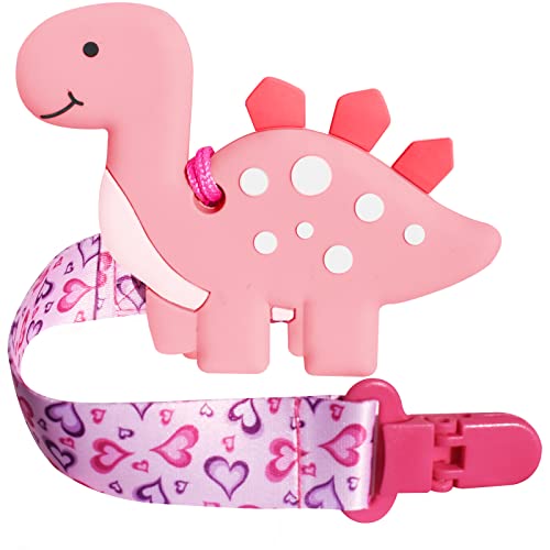Image of BIGSPINACH 1 Soft Dinosaur Teether for Babies and 1 Baby Pacifier Clip, Valentines Day Gifts for Baby Girl Boy,Silicone Chew Toys(Pink Dinosaur)