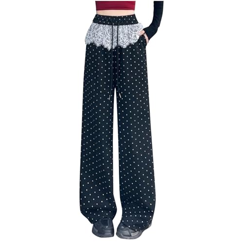 HGps8w Lace Patchwork Ploka Dots Pants for Women Summer Casual Elastic Waist Loose Straight Wide Leg Trousers with Pockets