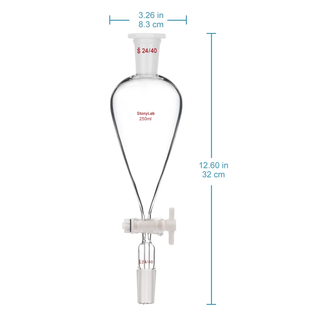 stonylab Borosilicaatglas 2000 ml Heavy Wall Conische Scheitrechter met 24/29 Gewrichten en PTFE Afsluitkraan, 2000 ml