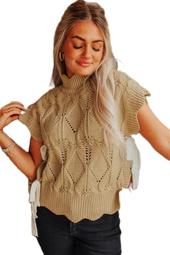 Chic Short Sleeve Scalloped Trim Sweater in Light French Beige