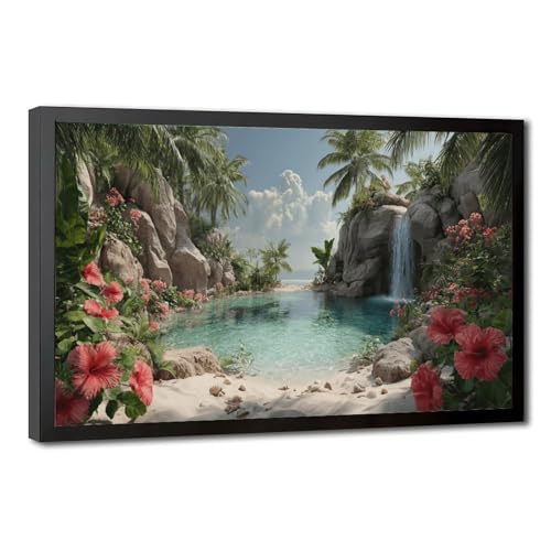 Tropical Waterfall Wall Art Print Lush Paradise Lagoon with Hibiscus