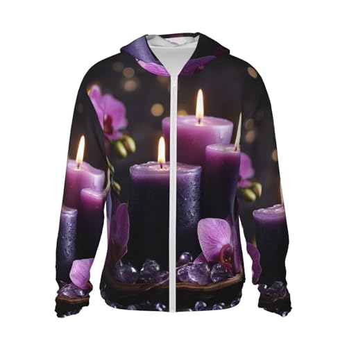 UPF 50+ Sun Protection Hoodie Long Sleeve Purple flowers and candles Sun Shirt Rash Guard Fishing Shirts for Men