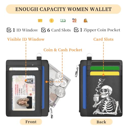 Image of Hancynir Slim Wallet Women Credit Card Holder, Skull Skeleton Small RFID