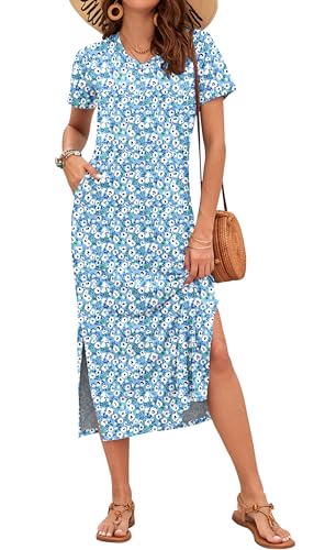 AUSELILY Summer Dress for Women Short Sleeve Maxi Beach Sundress Slit with Pockets Elegant Dresses Monet Garden L