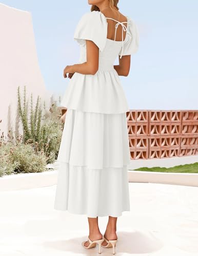 ZESICA Women's 2025 Summer Boho Midi Dress Short Puff Sleeve Flowy A Line Tiered Beach Vacation Long Dresses3