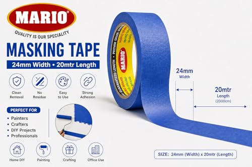 Image of Mario Blue Masking Tape - 20 Meter Length, 24mm Width - High Grip Painter's Tape for DIY, Craft, Wall & Floor Protection - Easy Tear, No Residue - Pack of 2 Rolls