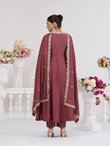 Image of MOKOSH Women's Silk Embroidery Anarkali Kurta Pant with Dupatta | Women's Anarkali Kurta Set | 3 Piece Ethnic Outfit with Dupatta | Round Neck Full Sleeve