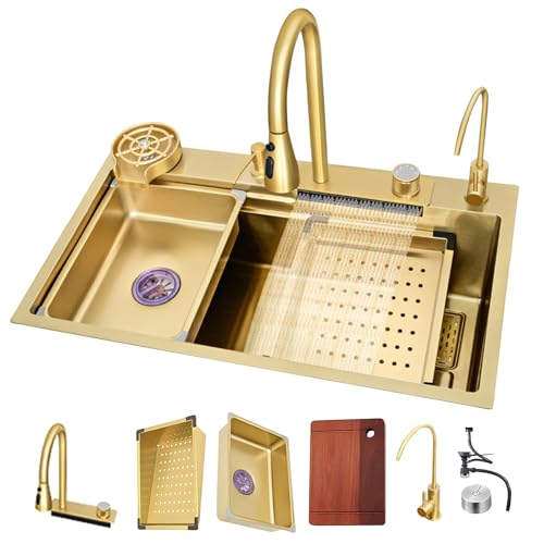 OIJKLA Fregadero de Cocina Grande Dorado, Fregadero de un Solo tazón con Cascada, estación de Trabajo Slide-and-Dine, con Drenaje con Perilla y Accesorios, 75 x 45 x 22 cm (80 x 45 x 22 cm)