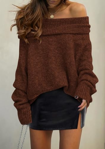 PRETTYGARDEN Women's Off The Shoulder Sweater Long Sleeve Tops 2025 Fall Loose Knit Pullover Sweaters Winter Clothes