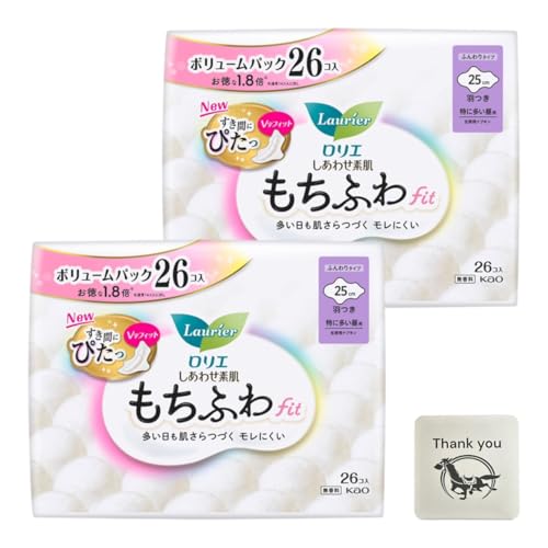 ロリエ しあわせ素肌 もちふわfit 特に多い昼用25cm 26コ入 2個セット 羽つき 無香料 + Kunutonnオリジナルロゴ入りおまけ付