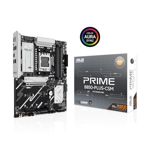 ASUS Prime B850-PLUS-CSM - Carte mère AMD ATX, 8+2+1 Phases d’Alimentation, DDR5, PCIe 5.0, 3 emplacements M.2, Wi-FI 6E, Ethernet Realtek 2,5 Go, DisplayPort, HDMI, USB-A/USB-C 10 Gbits/s, Aura Sync