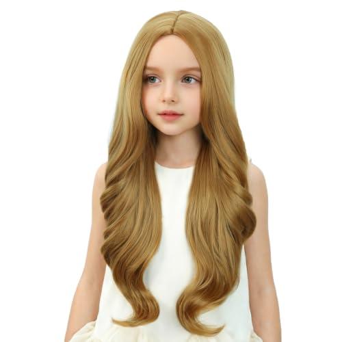 Image of Girls Strawberry Blonde Wig Kids Long Blonde Wavy Curly Wig Child Middle Part Wigs Heat Resistant Synthetic Wigs with Cap