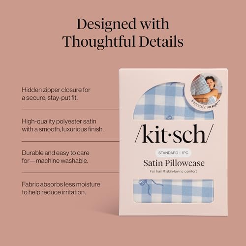 Image of Kitsch Satin Pillowcase with Zipper - Standard Size, Gingham Blue | Softer Than Silk Pillow Cases, Smooth Cooling Satin Pillow Case for Hair and Skin, Wrinkle-Free, Machine Washable